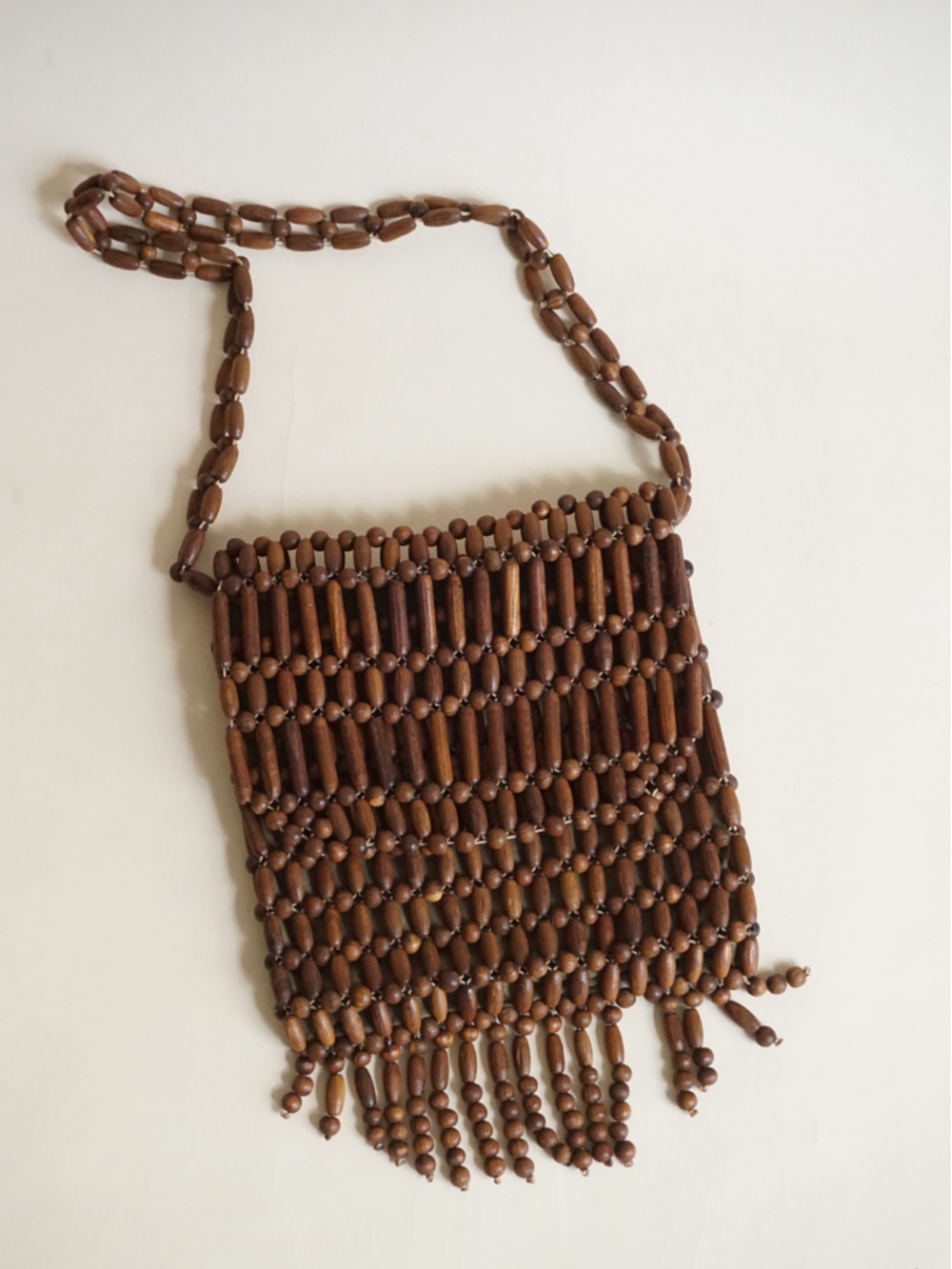 Handmade Brown Wood Beaded Flap Shoulder Bag